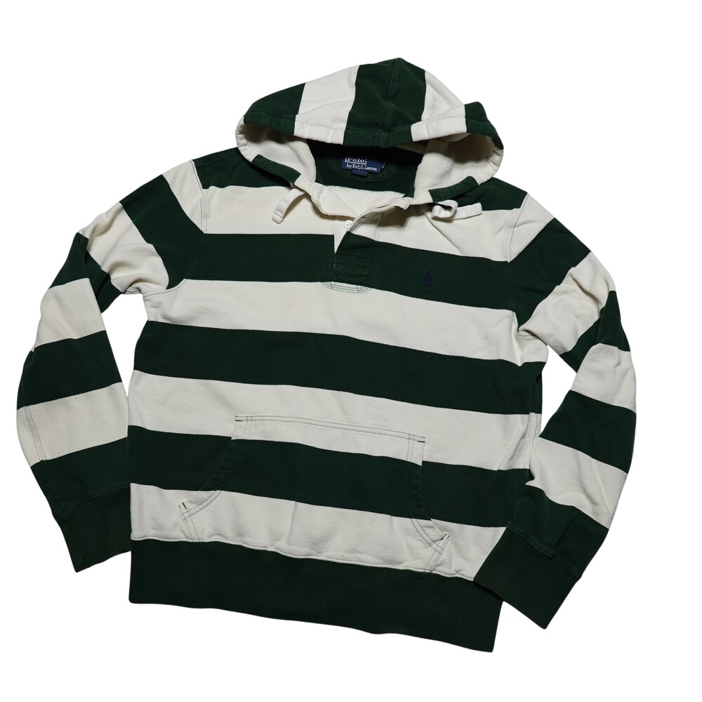 Polo By Ralph Lauren Hoodie Sweatshirt Mens Large Green Stripe Fleece Pullover
